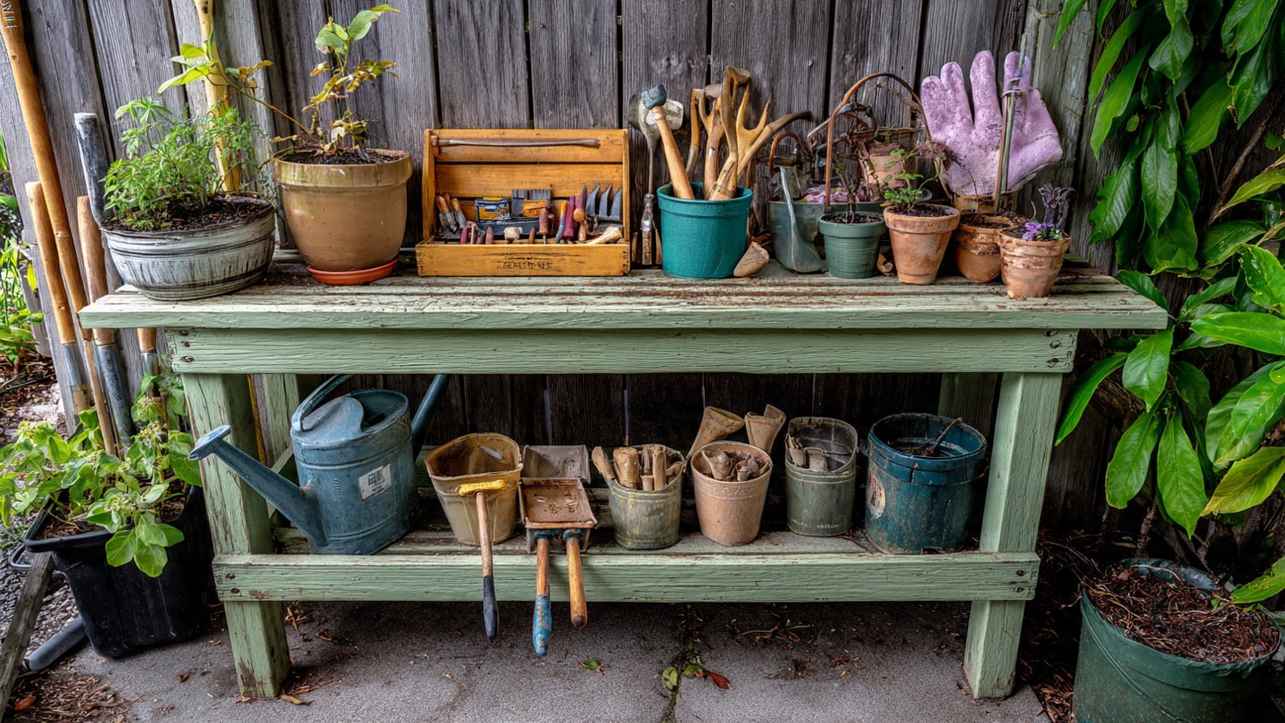 Is There a Secret Method to Organizing Gardening Supplies on a Small Bench?